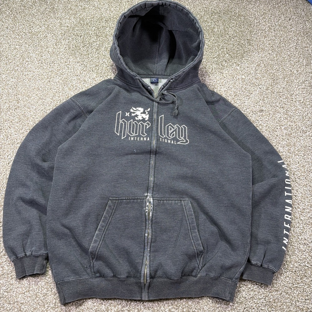 hurley zip up hoodie Y2k Dark Gray Distressed Size Medium Grunge Essentials
